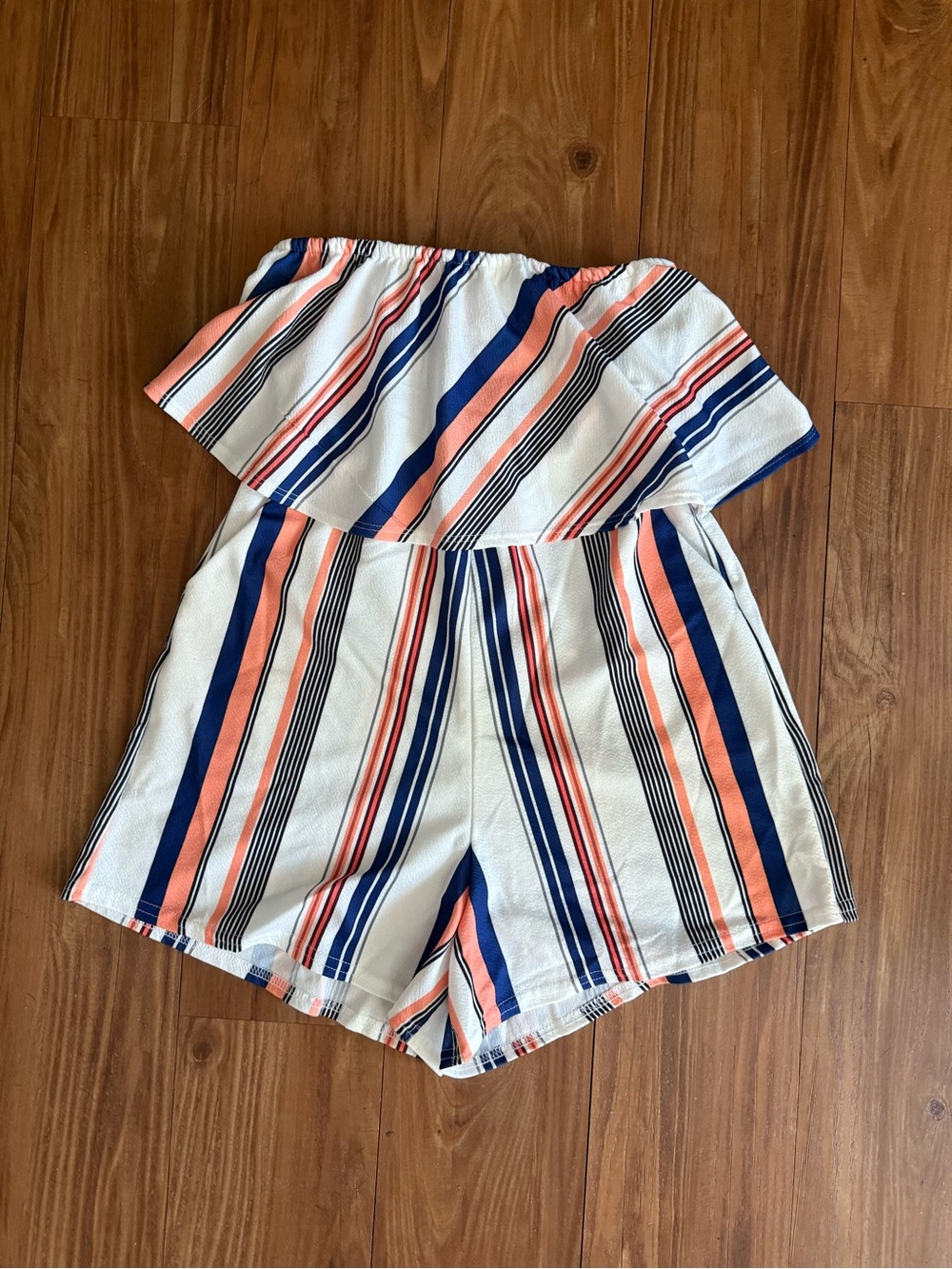 Striped Strapless Summer Dress Romper - White with Coral & Navy